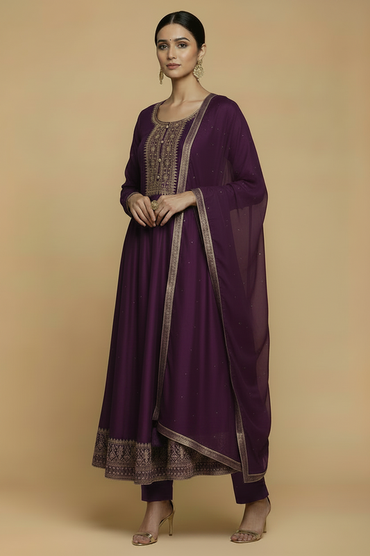 Deep Purple Silk Anarkali Set with Embroidery and Stone Work Dupatta