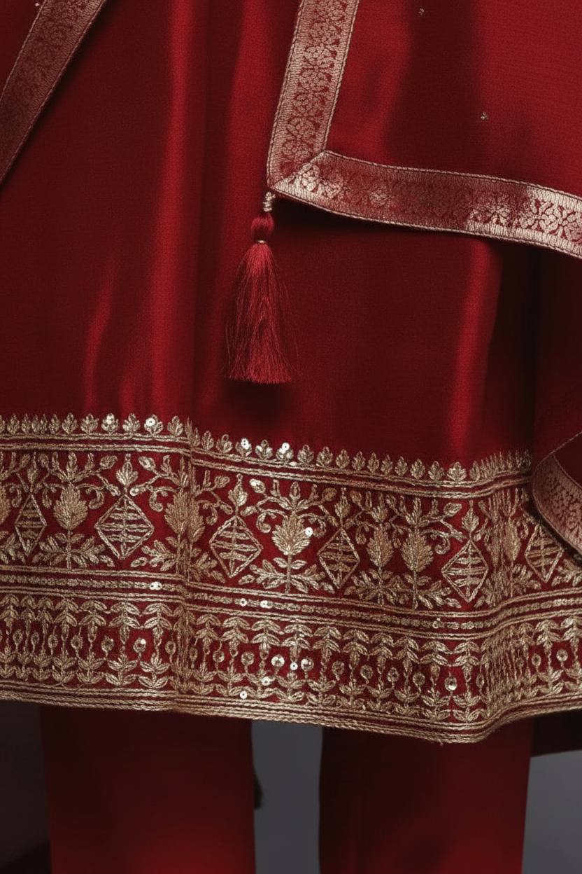 Red Silk Anarkali Set with Embroidery and Stone Work Dupatta