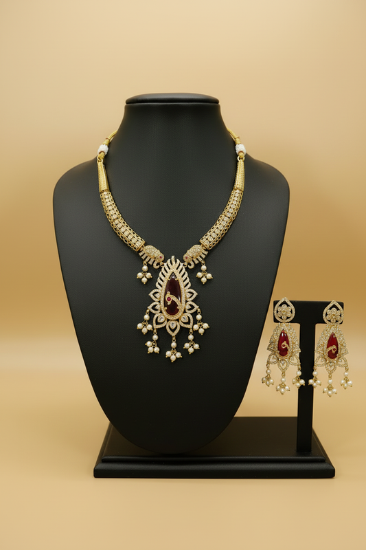 Gold Finish Peacock & Elephant AD Necklace & Earrings Set with Ruby Red Stone