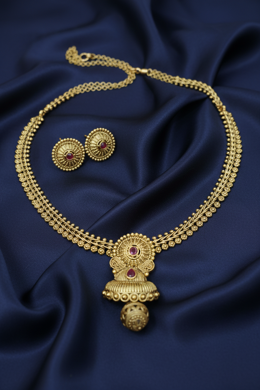 Antique Gold Ruby Stone Jhumka Pendant Necklace & Earrings Set