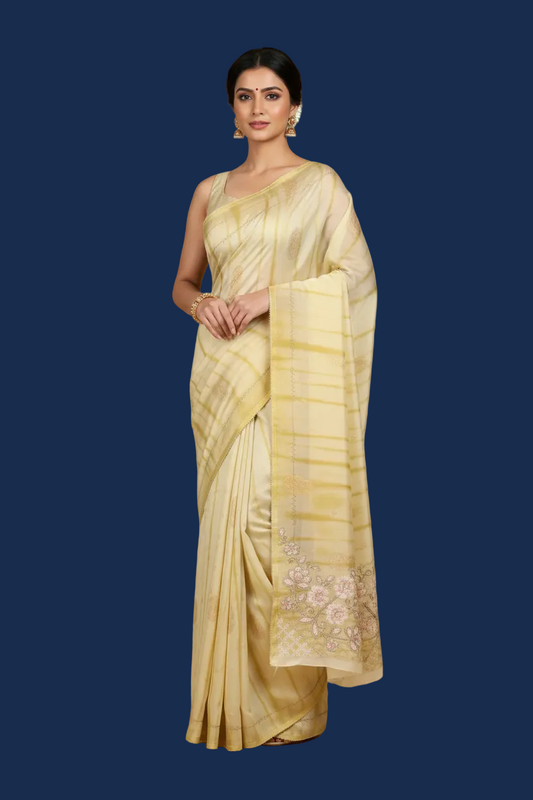 Cream Dupion Silk Saree with Embroidery