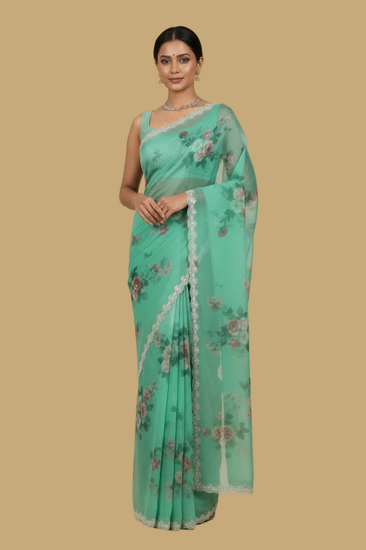 Mint Green Organza Saree with Sequin Border