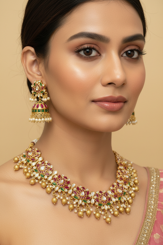Traditional Lotus Kundan Necklace & Earrings Set