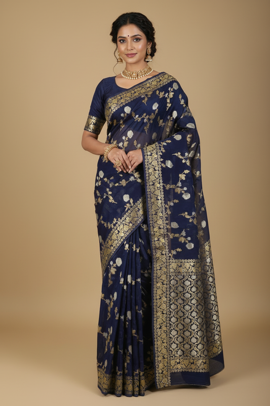 Navy Blue Banarasi Crepe Silk - Model