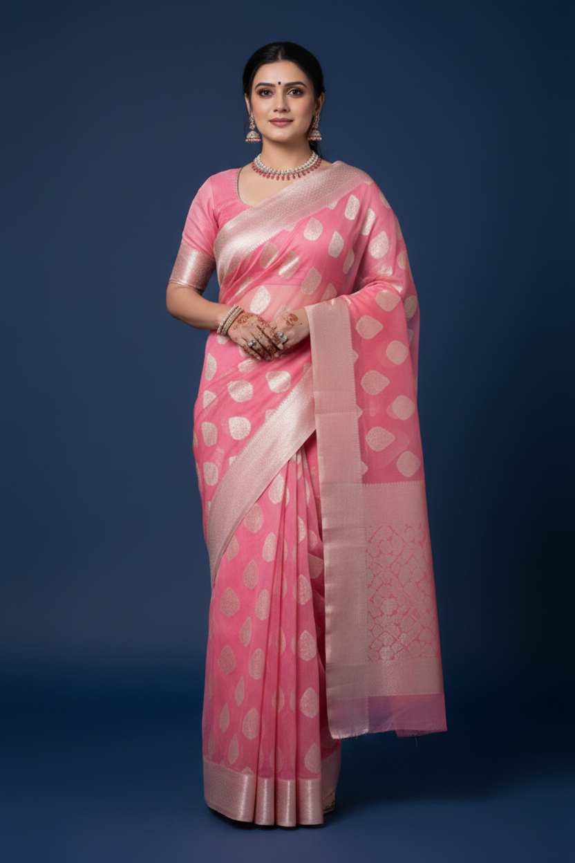 Pink Banarasi Chiffon Saree with Silver Zari