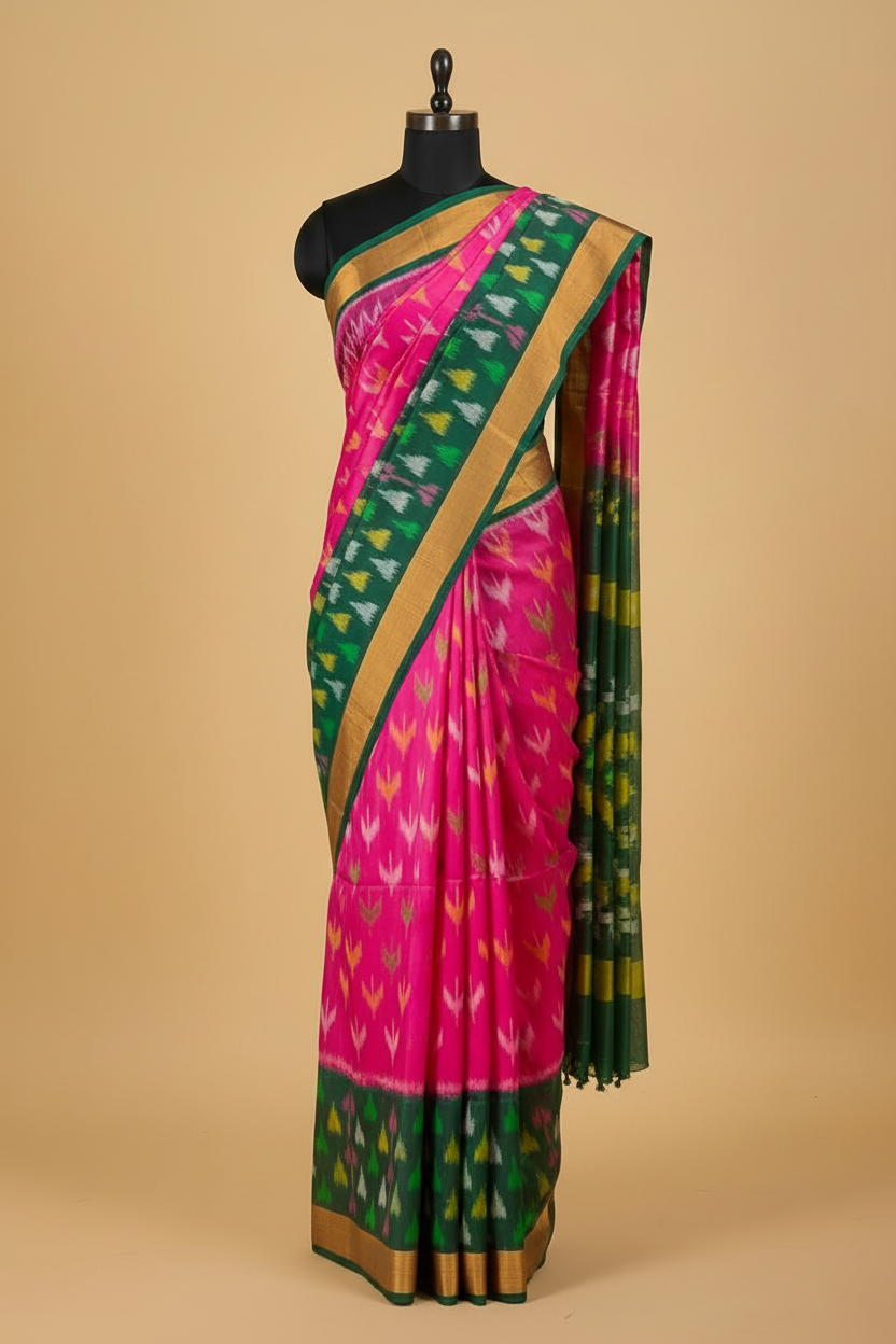 Pink Green Ikat Saree Open Pallu