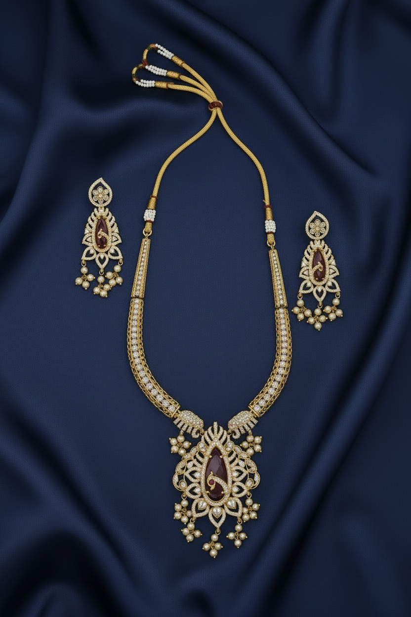 Gold Finish Peacock & Elephant AD Necklace & Earrings Set with Ruby Red Stone