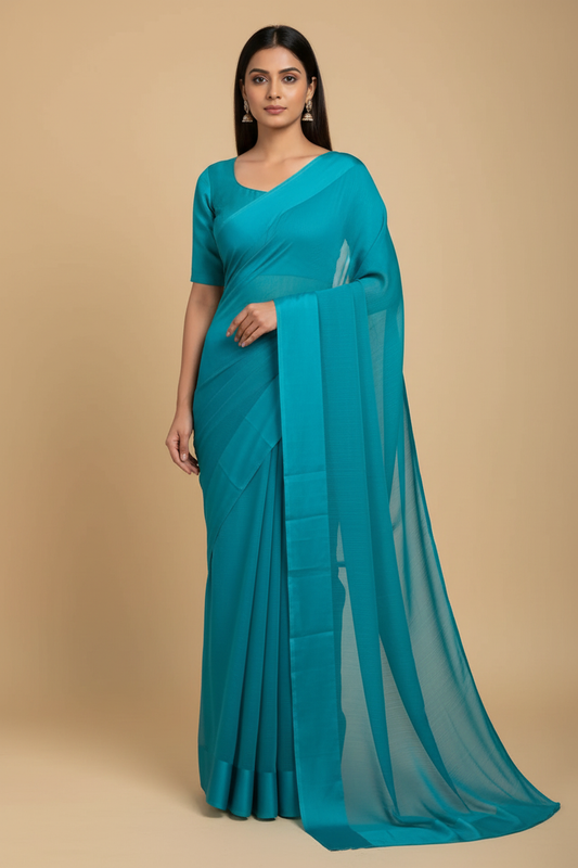 Teal Blue Georgette Saree on Model