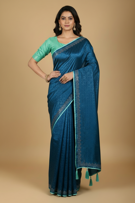 Teal Blue Satin Saree with Stonework Border