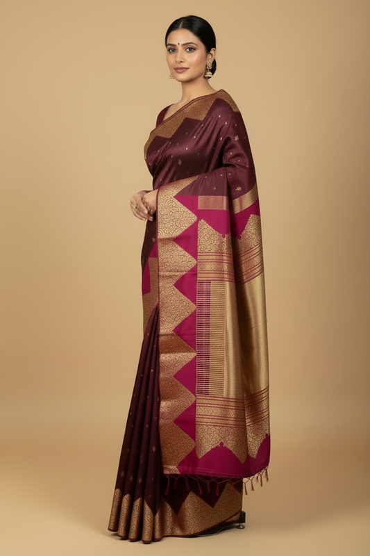 Burgundy & Magenta Pure Kanjeevaram Silk Saree with Temple Border