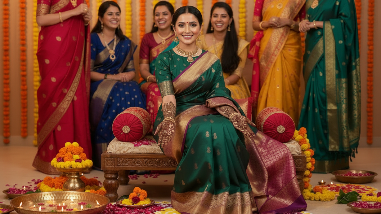 Green Kanjeevaram Saree for Mehandi Ceremony