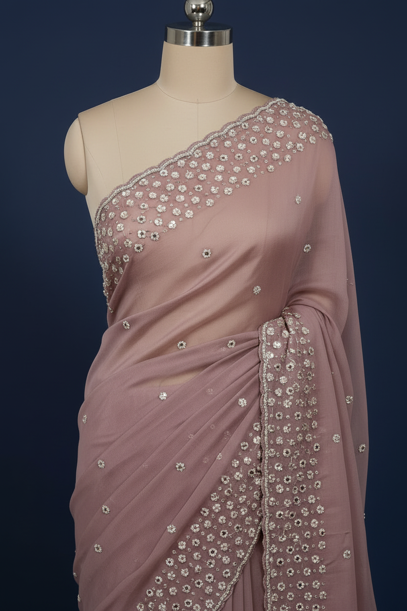 Mauve Pure Organza Saree with Mirrorwork