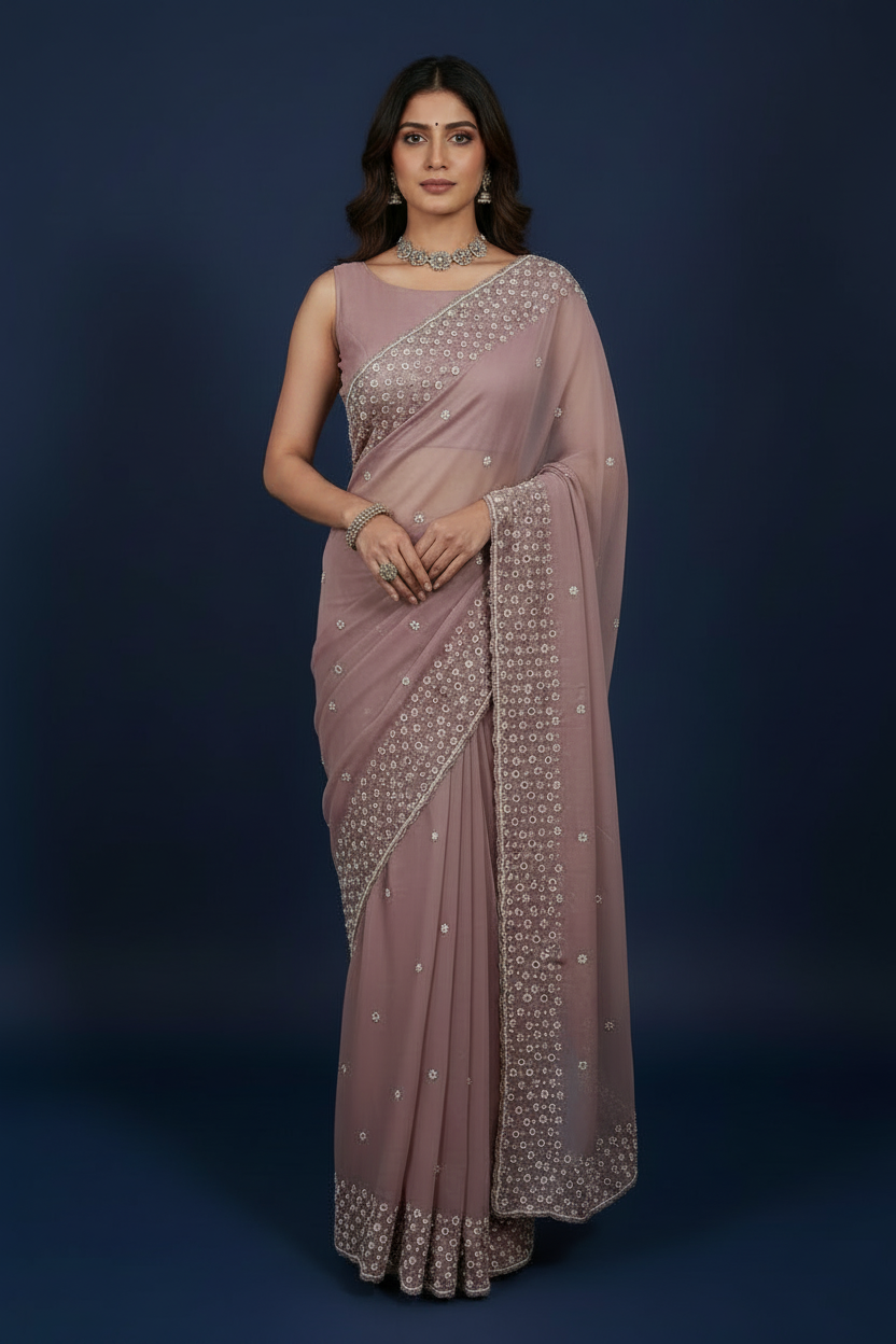 Mauve Pure Organza Saree with Mirrorwork