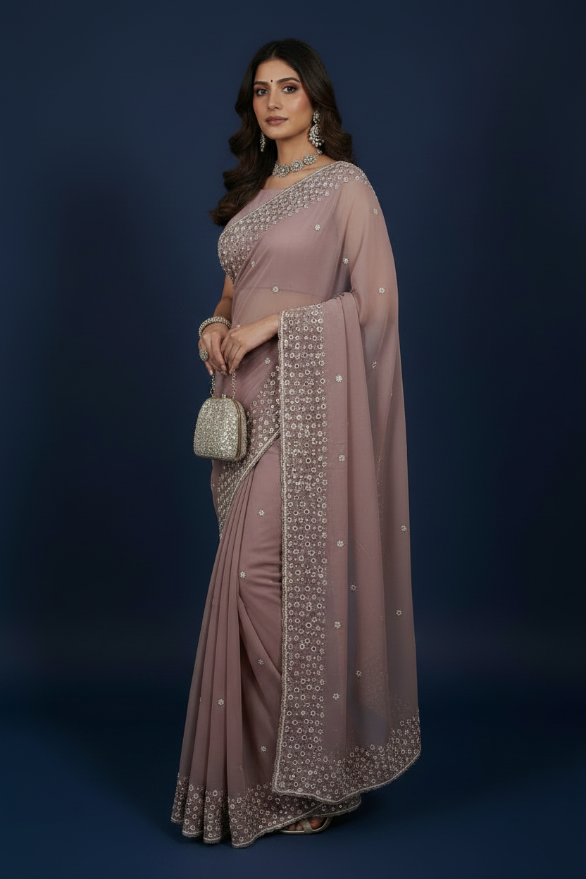 Mauve Pure Organza Saree with Mirrorwork