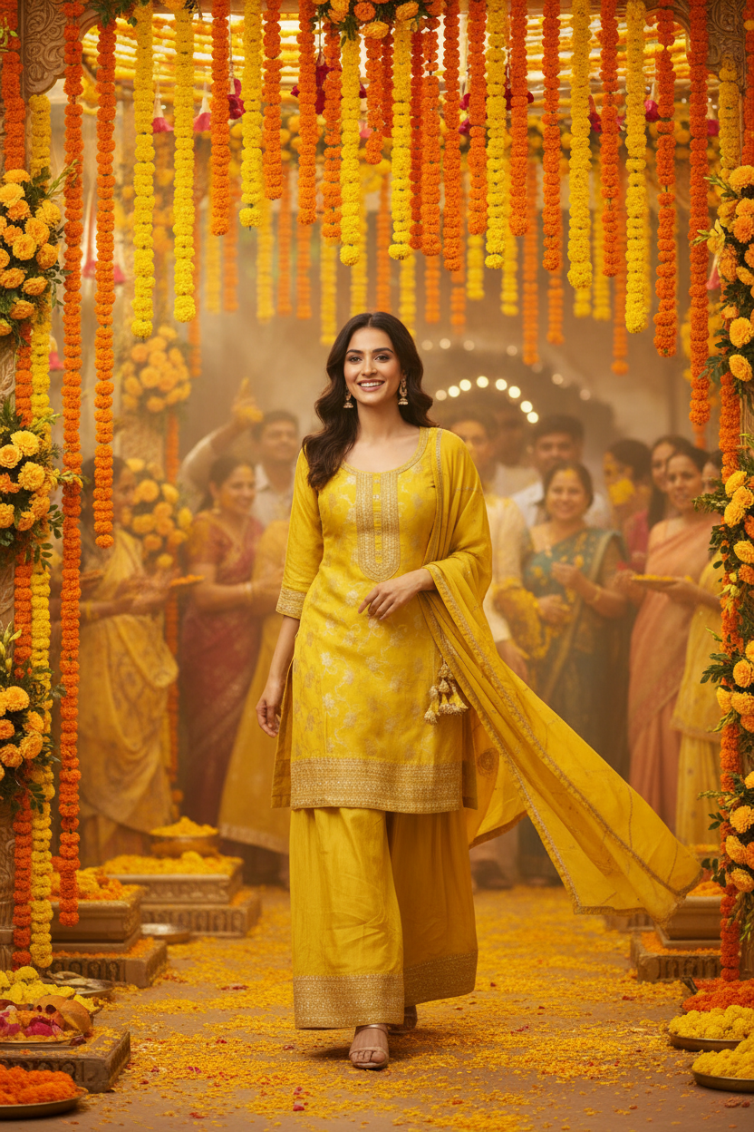 Yellow Banarasi Silk Embroidery Sharara Set