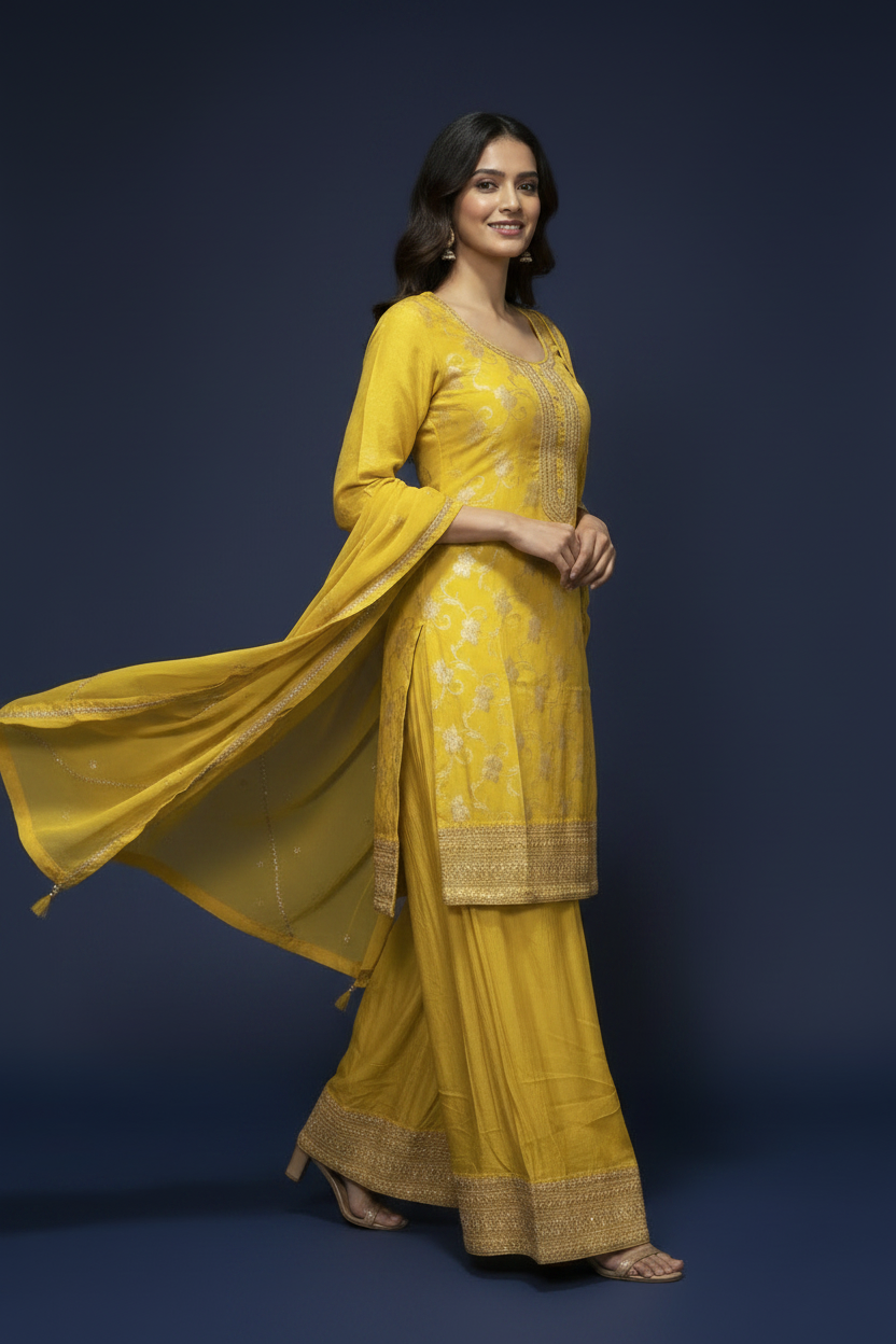 Yellow Banarasi Silk Embroidery Sharara Set