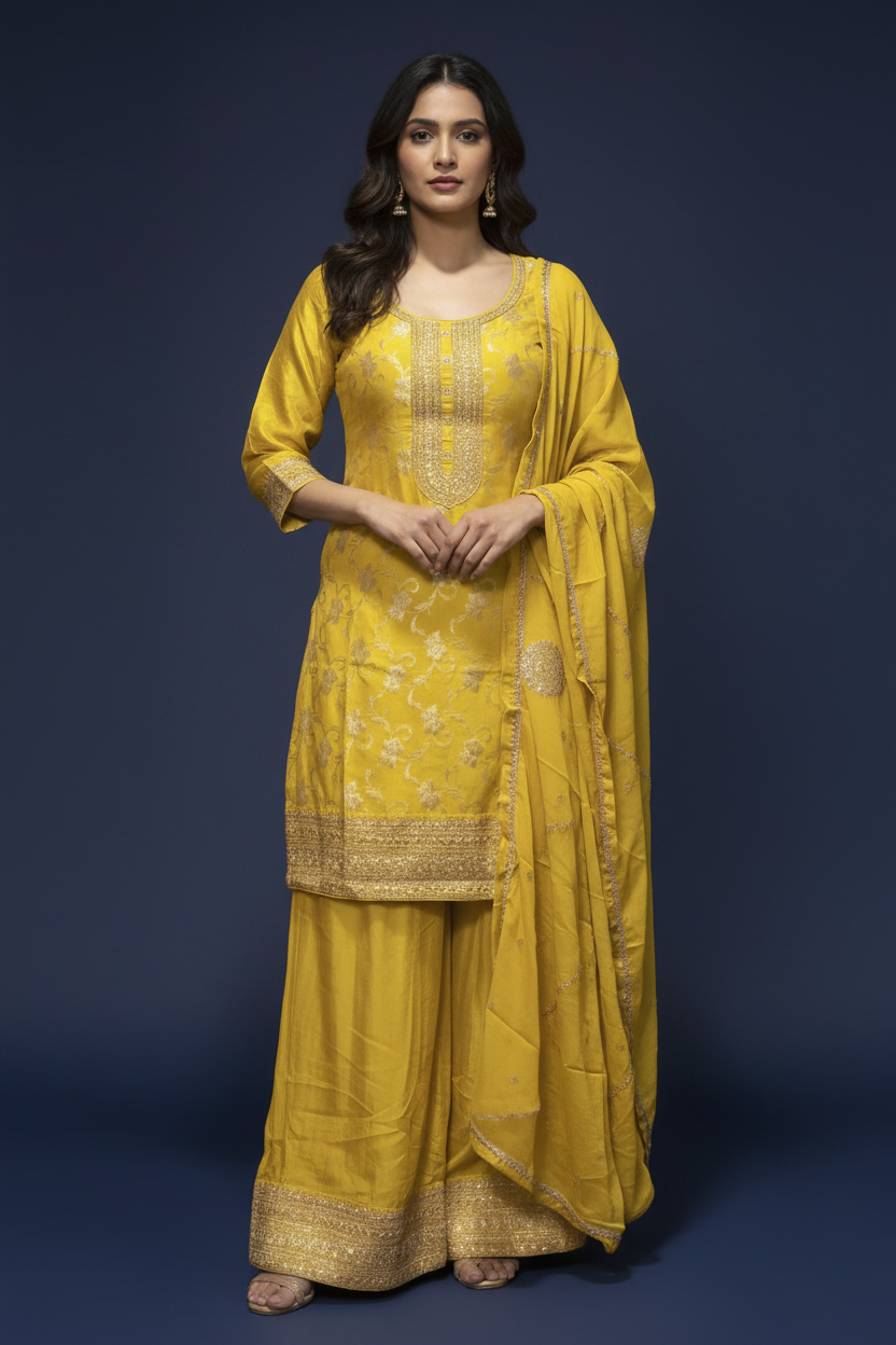 Yellow Banarasi Silk Embroidery Sharara Set