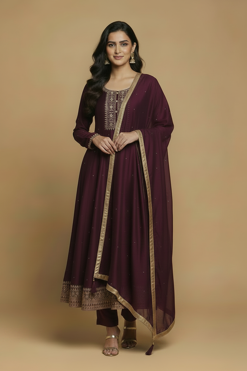 Deep Purple Silk Anarkali Set with Embroidery and Stone Work Dupatta