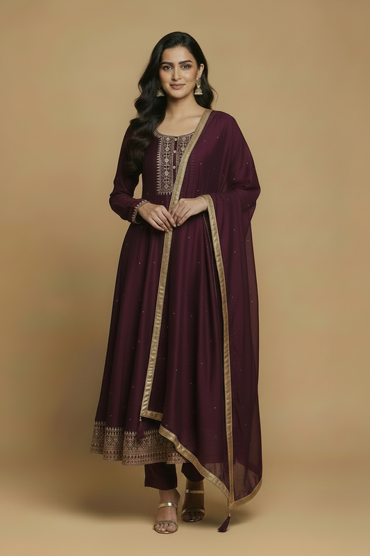 Deep Purple Silk Anarkali Set with Embroidery and Stone Work Dupatta