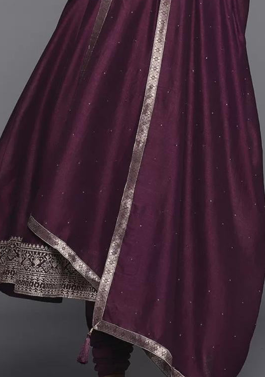 Deep Purple Silk Anarkali Set with Embroidery and Stone Work Dupatta
