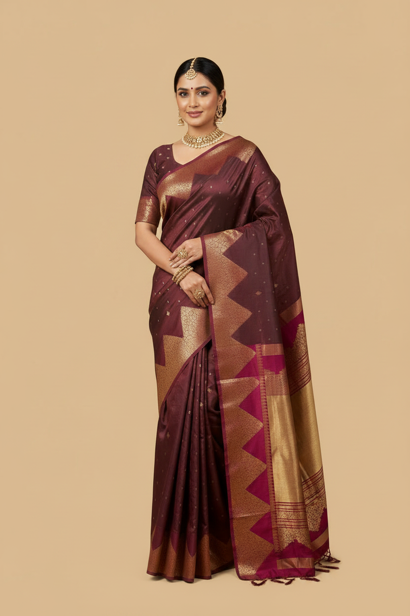 Burgundy & Magenta Pure Kanjeevaram Silk Saree with Temple Border