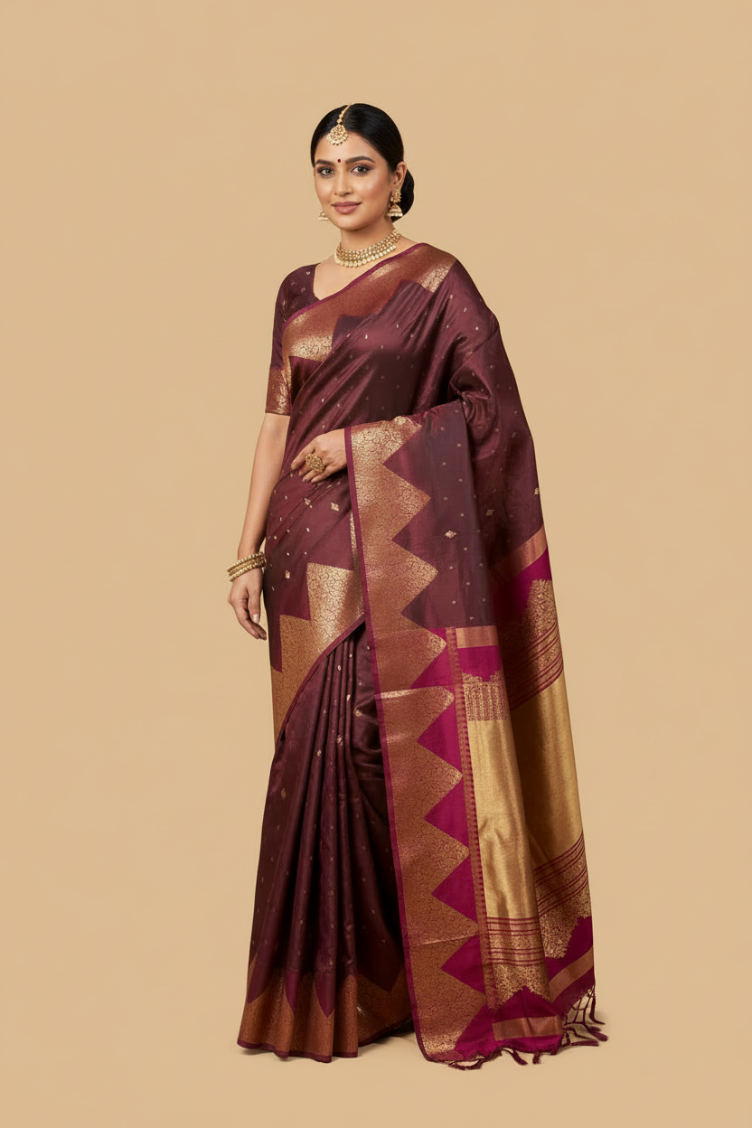 Burgundy & Magenta Pure Kanjeevaram Silk Saree with Temple Border