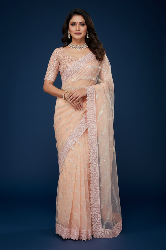 Peach Net Saree With Embroidery and Sequins