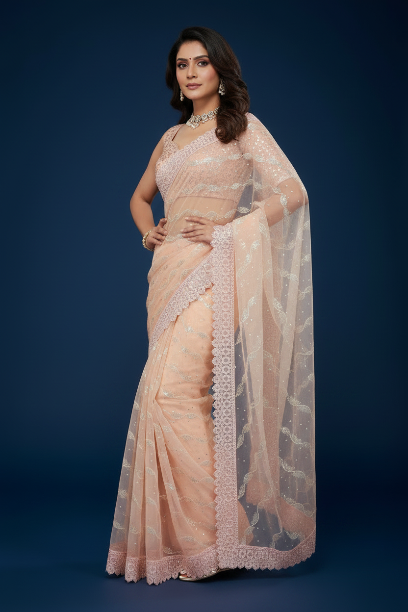 Peach Net Saree With Embroidery and Sequins