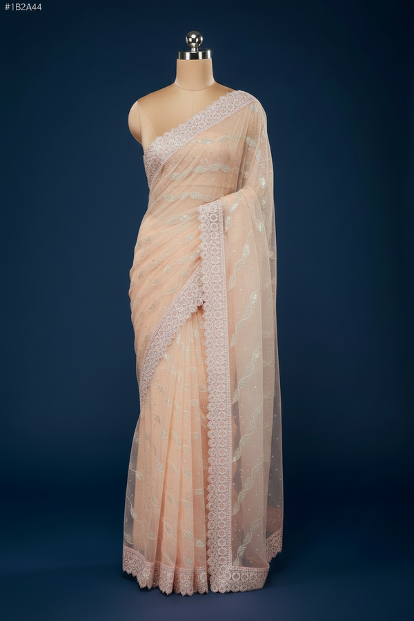 Peach Net Saree With Embroidery and Sequins