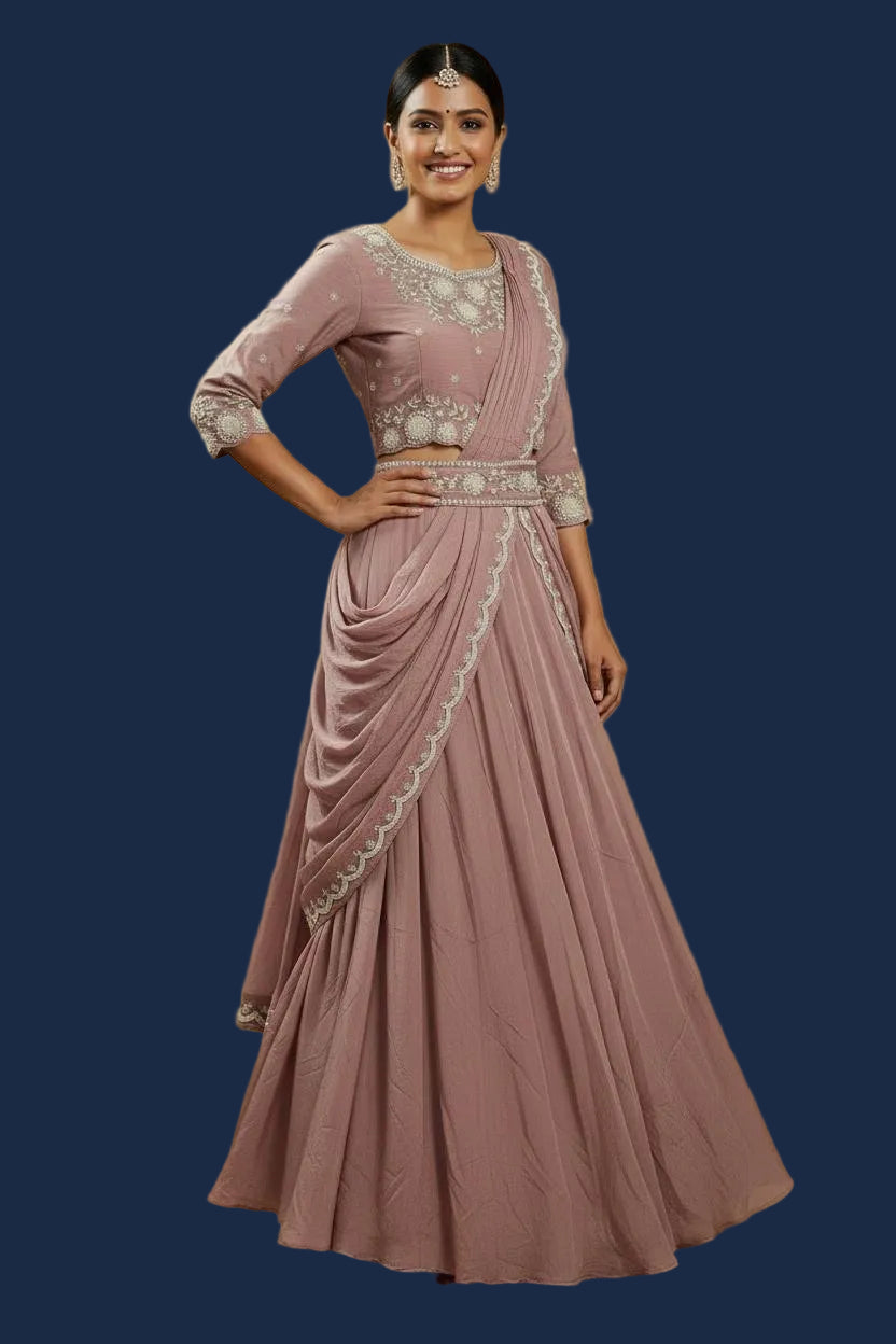 Lavender Mauve Ready-to-Wear Saree with Embellished Blouse and Belt