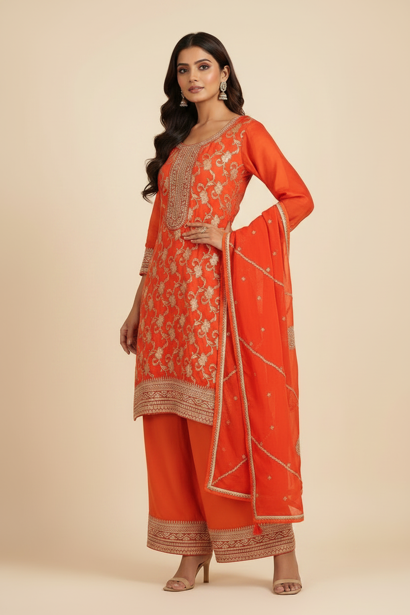 Orange Banarasi Silk Embroidery Sharara Set