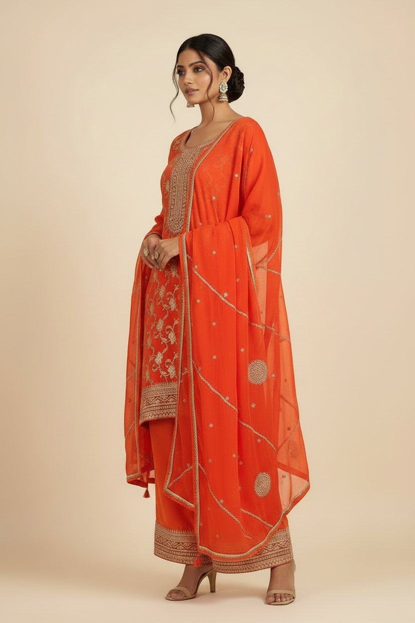 Orange Banarasi Silk Embroidery Sharara Set