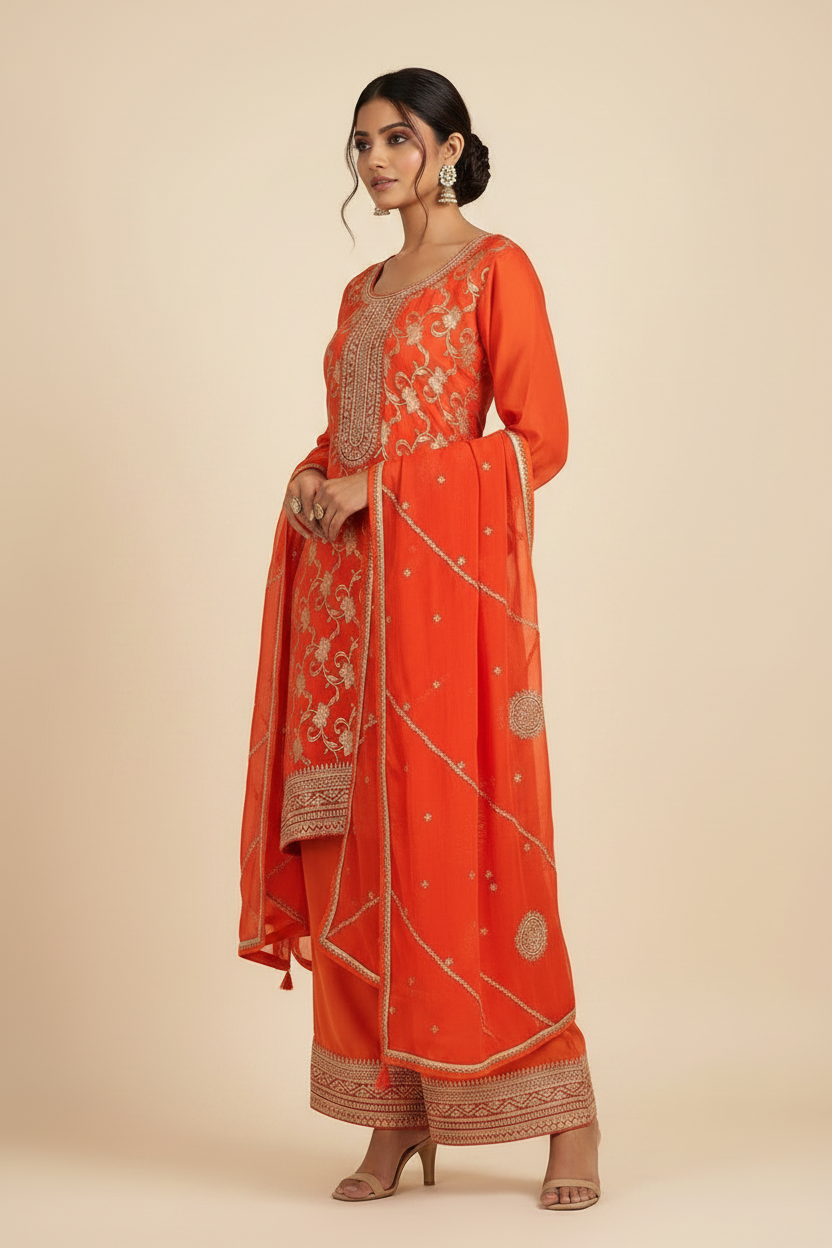 Orange Banarasi Silk Embroidery Sharara Set