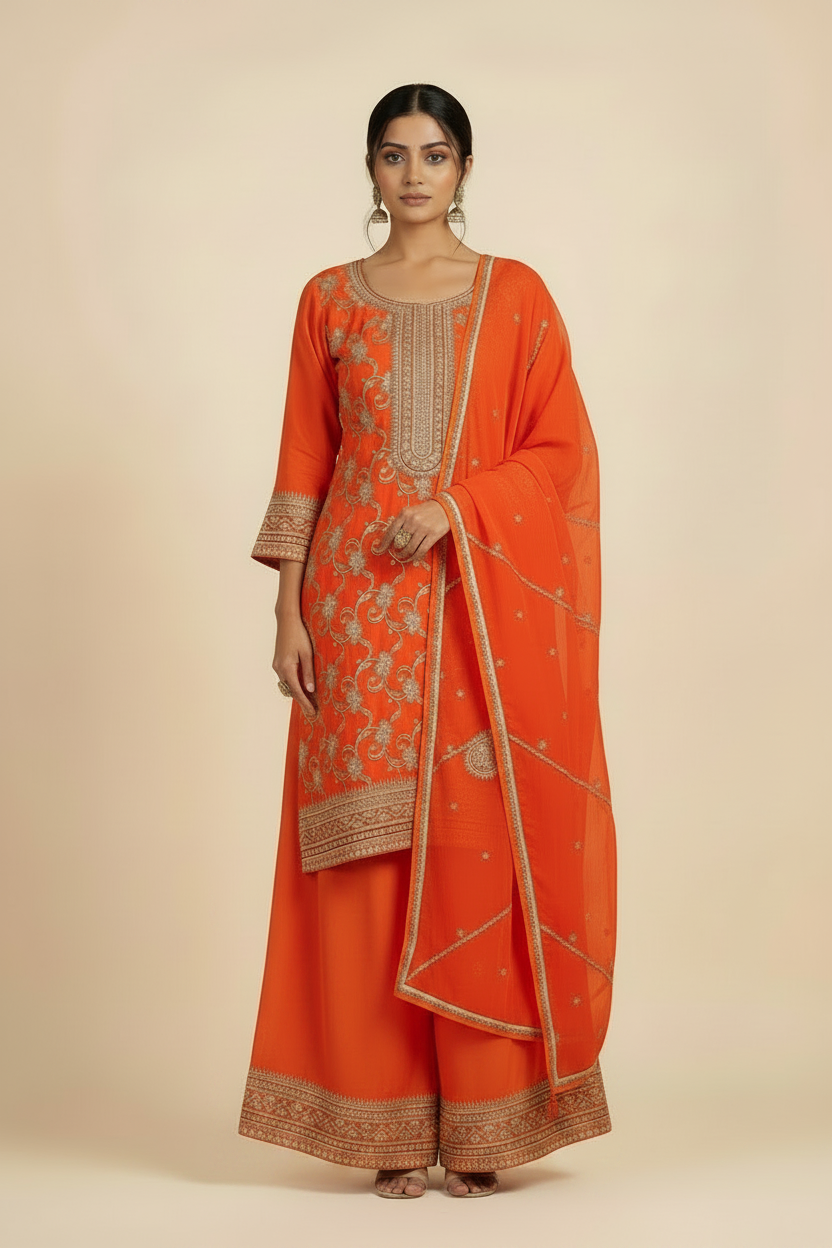 Orange Banarasi Silk Embroidery Sharara Set