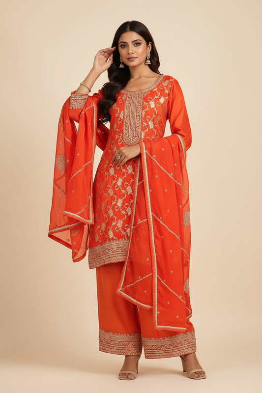 Orange Banarasi Silk Embroidery Sharara Set