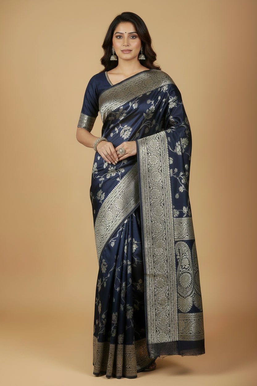 Navy Blue Banarasi Satin Saree