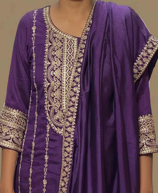 Purple Silk Sharara Set with Embroidery