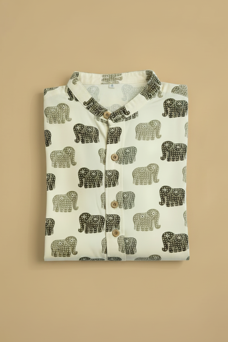 Men's Off-White Elephant Print Cotton Kurta Pant Set