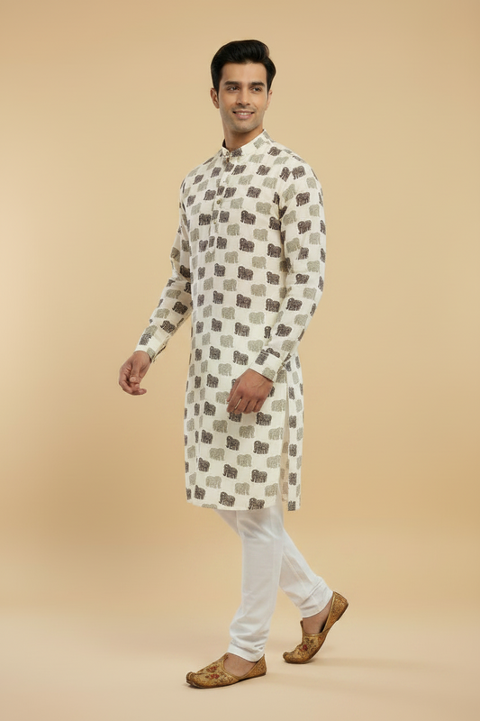 Men's Off-White Elephant Print Cotton Kurta Pant Set
