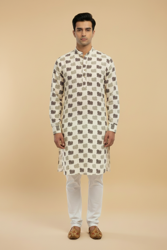 Men's Off-White Elephant Print Cotton Kurta Pant Set