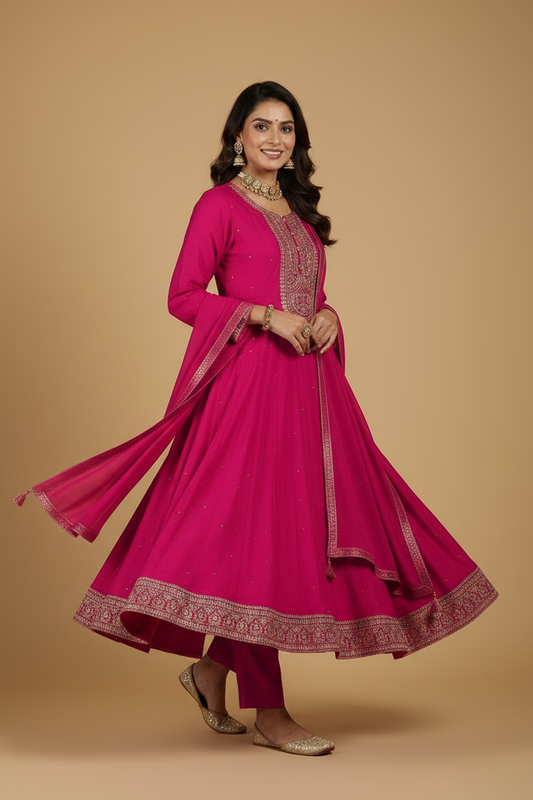 Hot Pink Silk Anarkali Set with Embroidery and Stonework