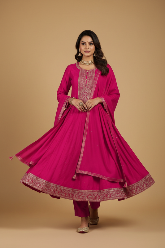 Hot Pink Silk Anarkali Set with Embroidery and Stonework