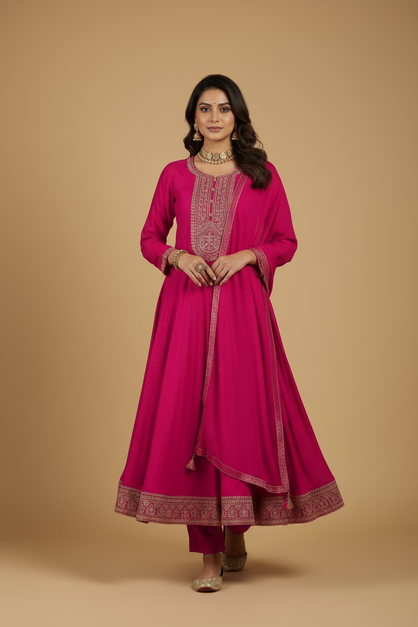 Hot Pink Silk Anarkali Set with Embroidery and Stonework