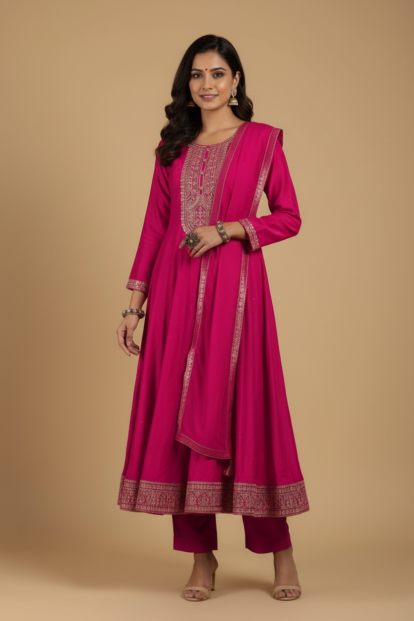 Hot Pink Silk Anarkali Set with Embroidery and Stonework