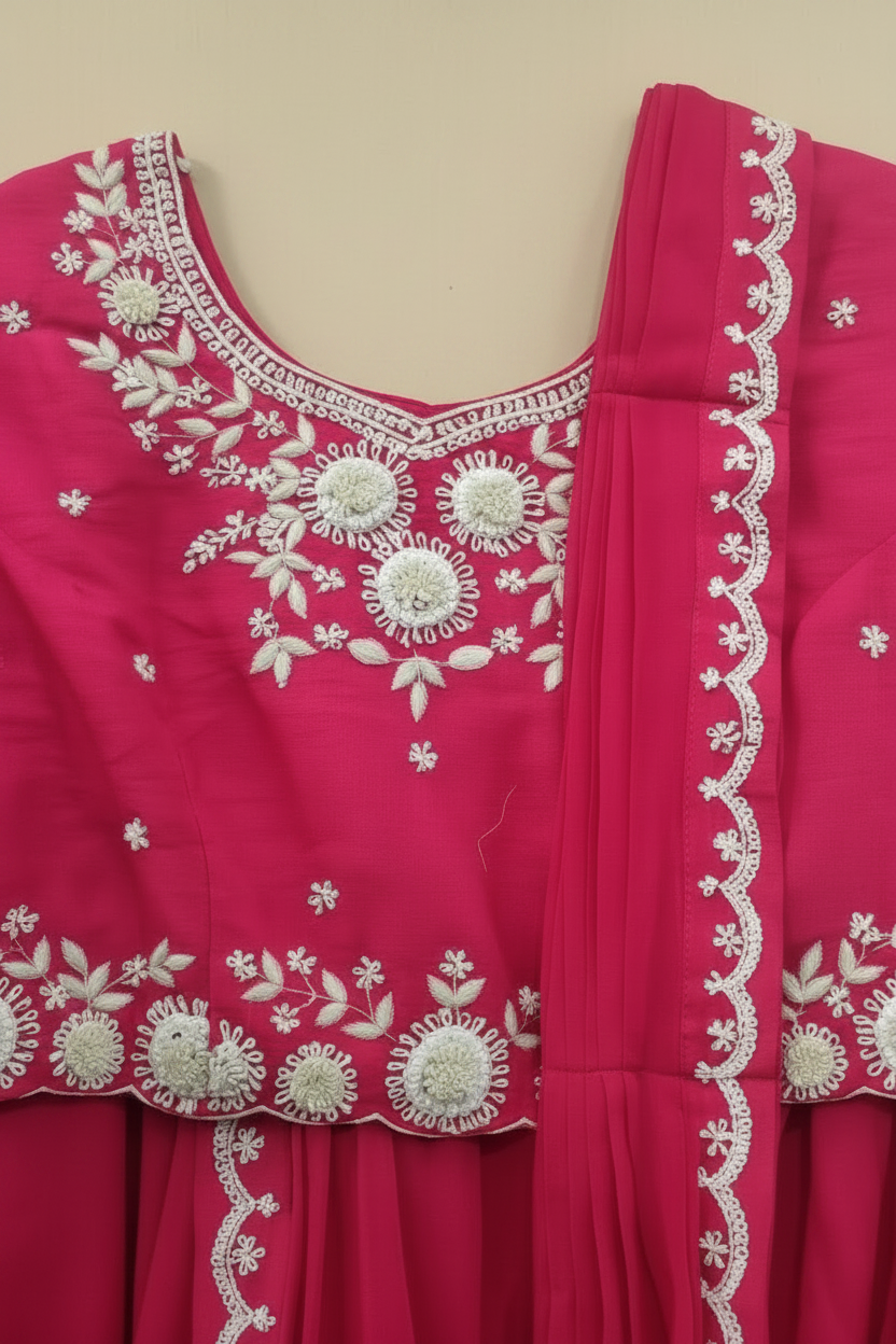 Hot Pink Crepe Ready-to-Wear Saree with Embellished Blouse and Belt