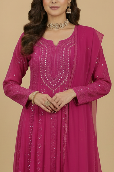 Hot Pink Pure Chikankari Georgette Anarkali Set