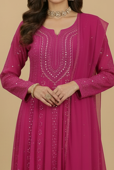 Hot Pink Pure Chikankari Georgette Anarkali Set