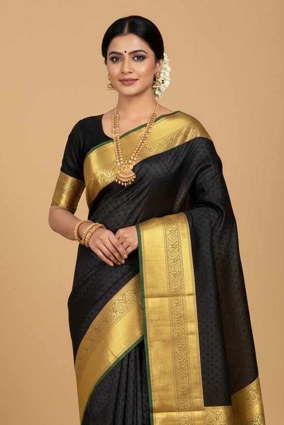 Black Pure Kanjeevaram Silk Saree with Gold Border & Pallu