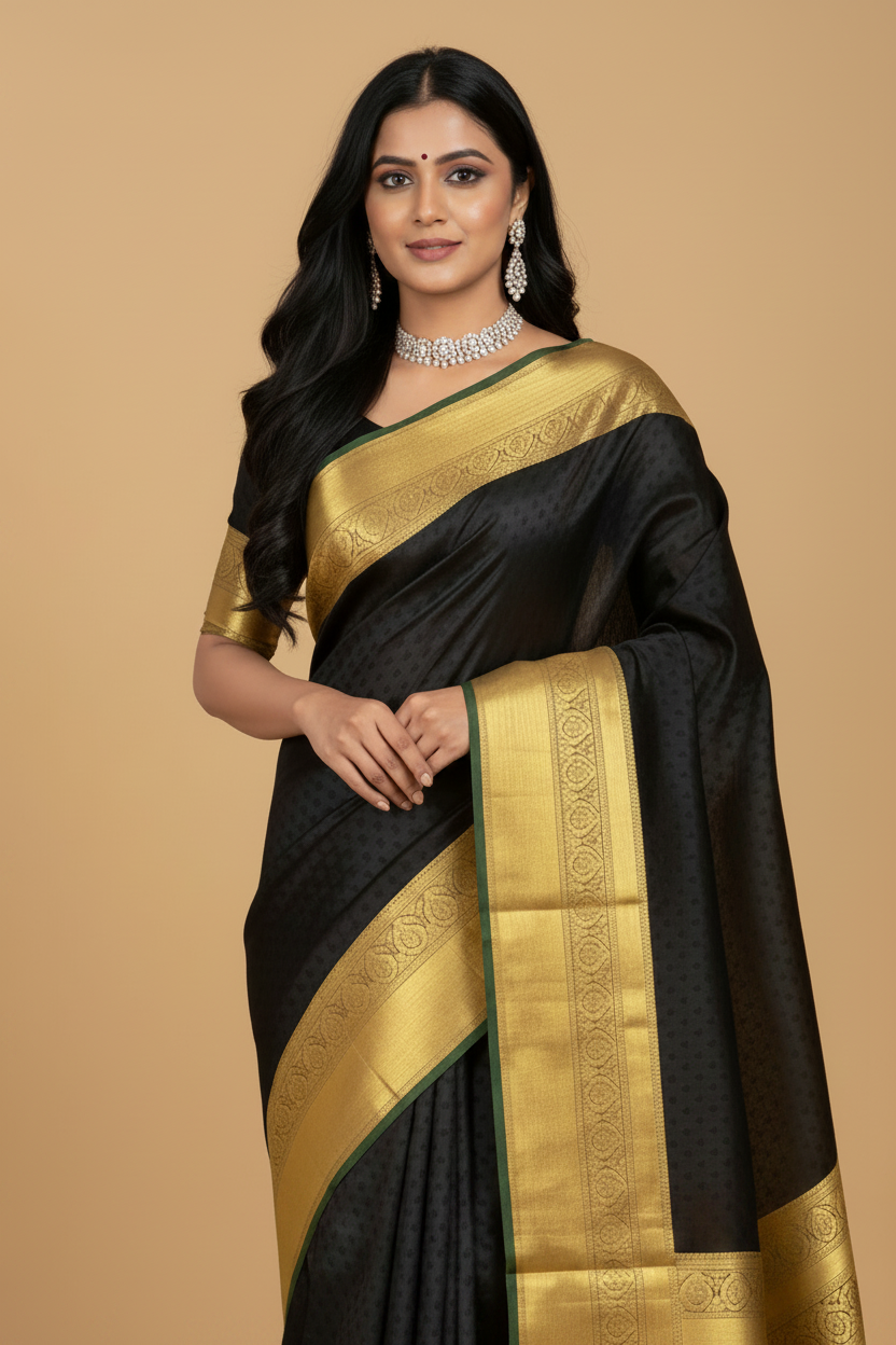 Black Pure Kanjeevaram Silk Saree with Gold Border & Pallu