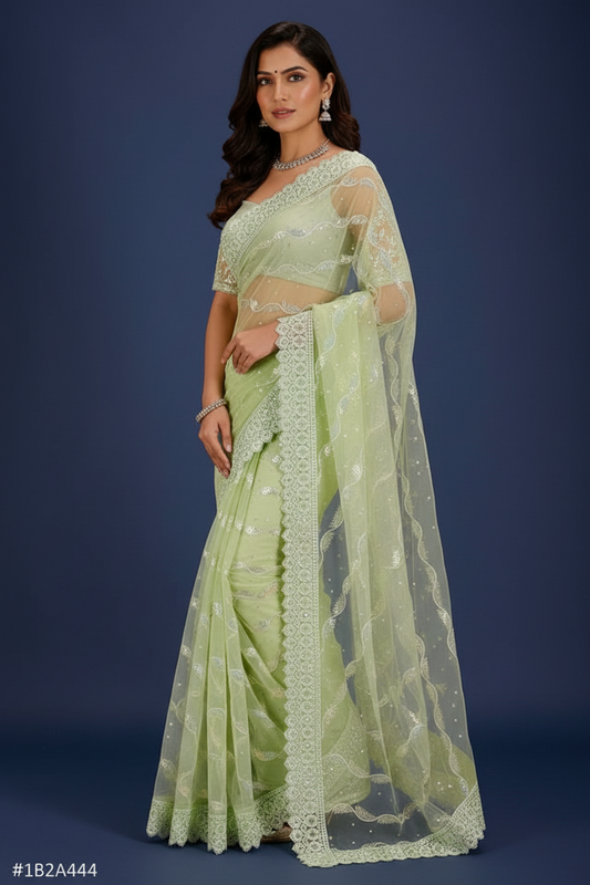 Mint Green Embellished Net Saree With Lace Border